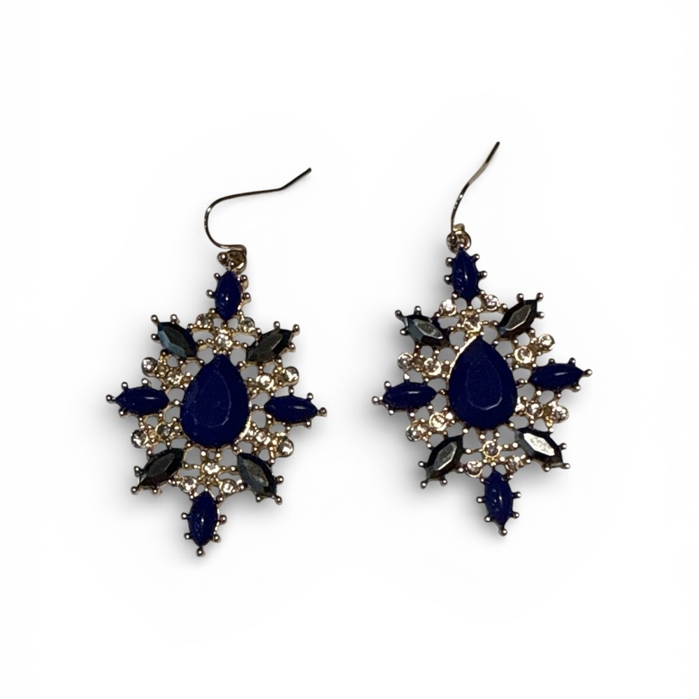 Blue & Gold Statement Earrings | Rhinestone Dangle - Picture 4 of 6